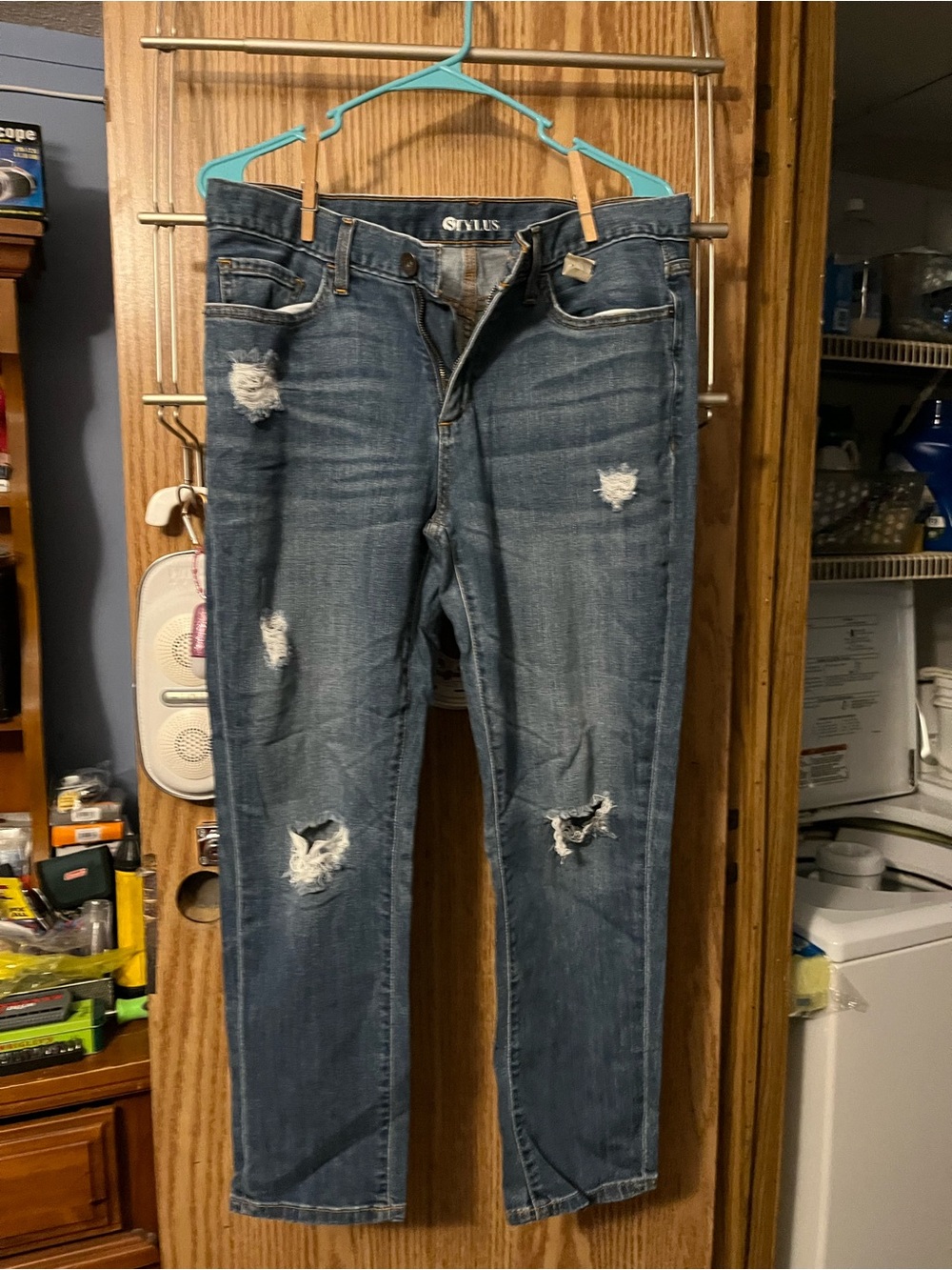 STYLUS Women's Distressed Straight Leg Jeans in Blue Wash